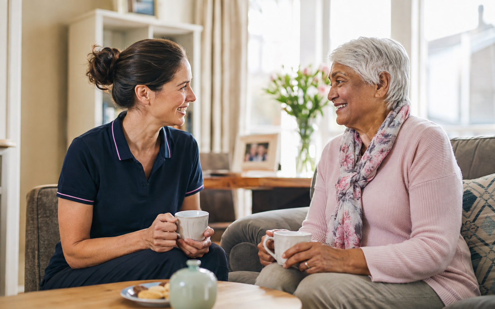 A professional carer sharing tea and conversation with an older woman at home