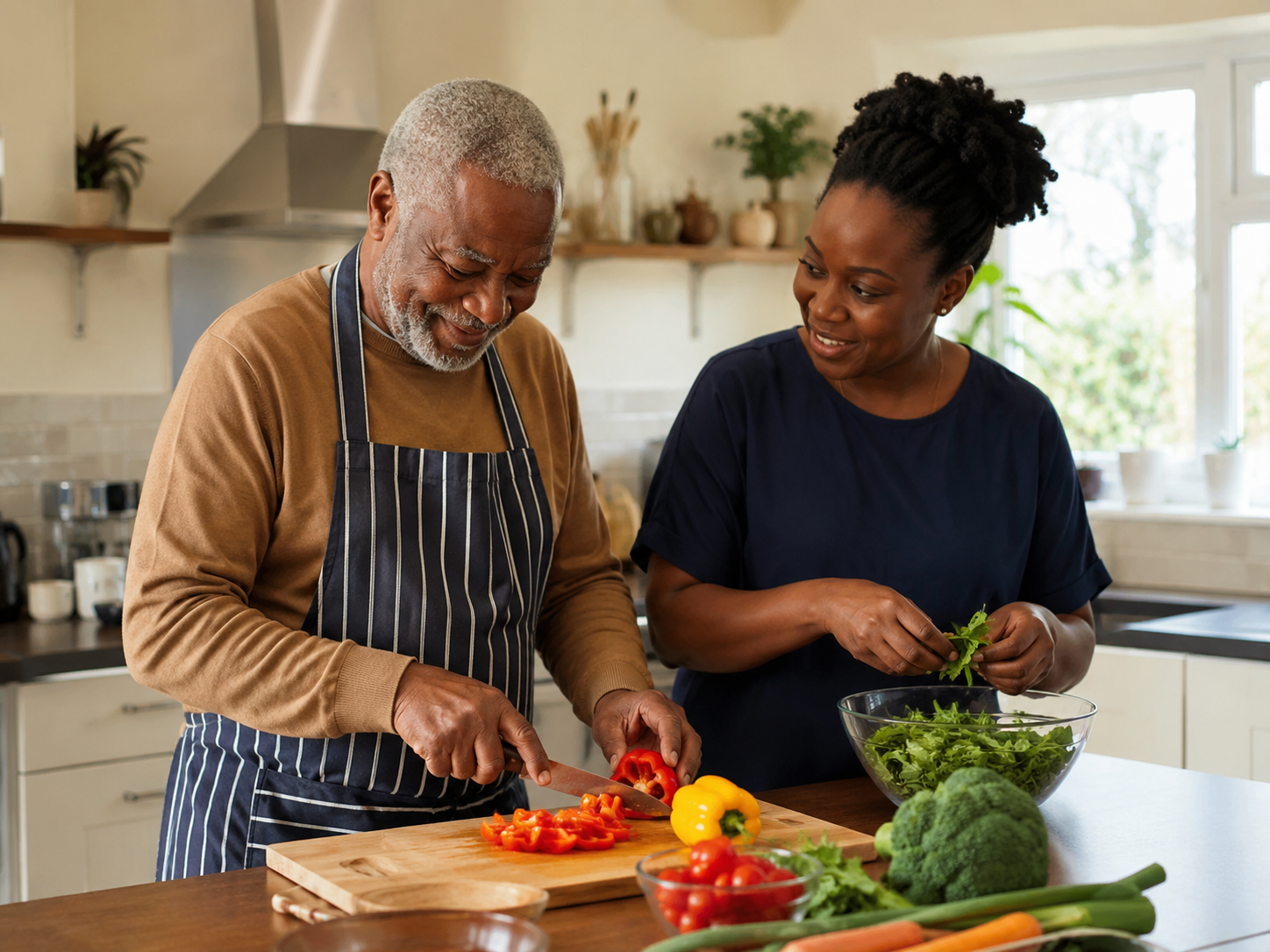 An older man preparing food with his carer in his own kitchen